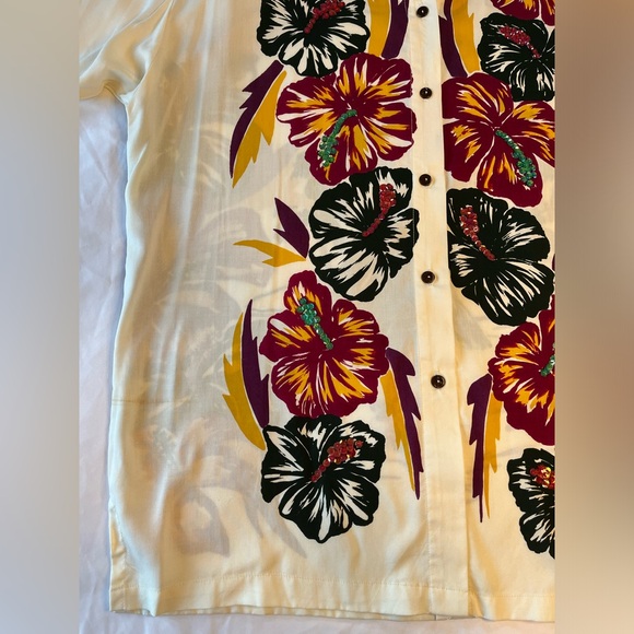 Vtg NWT FAITH Cream shirt blouse Hula Girl Hawaiian Hibiscus sequins woman’s L - Picture 3 of 11